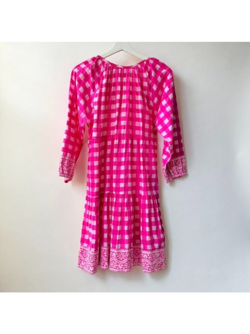 SZ Blockprints Priya Hot Pink Gingham Cotton Tiered Dress Women's Size M - Picture 3 of 12